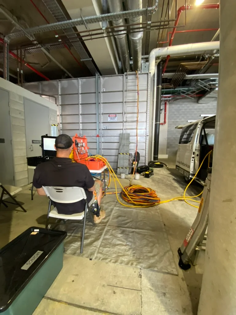 Fire Tanks Australia technician monitoring equipment during an underground fire tank inspection in a commercial facility.