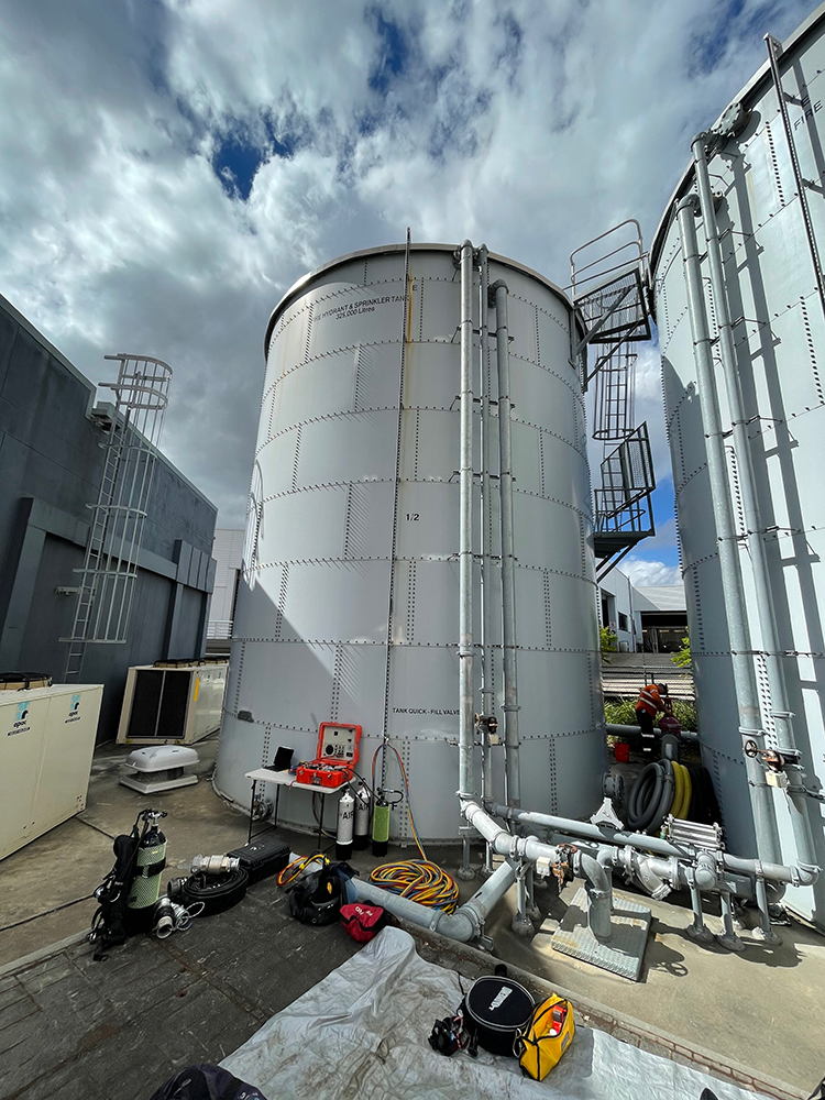 Fire Tanks Australia equipment set up for maintenance and inspection of large industrial fire water tanks.